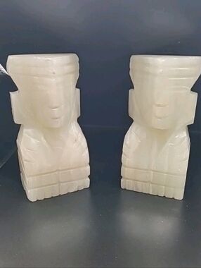 Pair Vintage Carved Stone Onyx Marble Aztec Mayan Tiki Totem Statue Bookend 5.5"